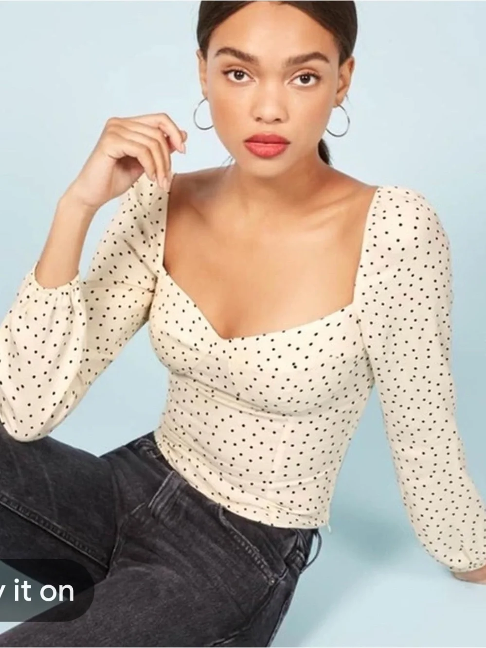 Reformation Reign Cream Polka Dot Sweetheart Long Sleeve Top
